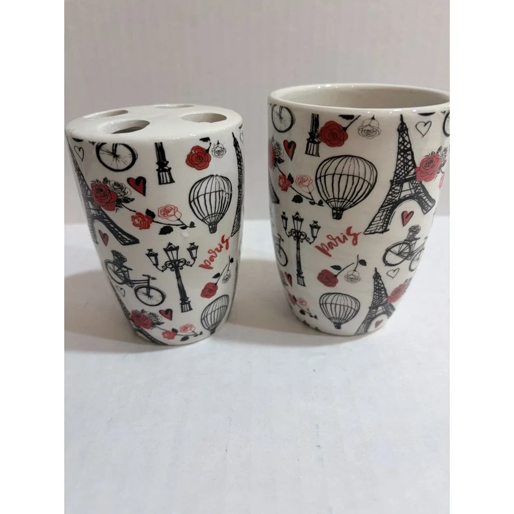 Paris Theme 2pc Ceramic Bathroom Set Tumbler & Toothbrush Holder White/Black/Red